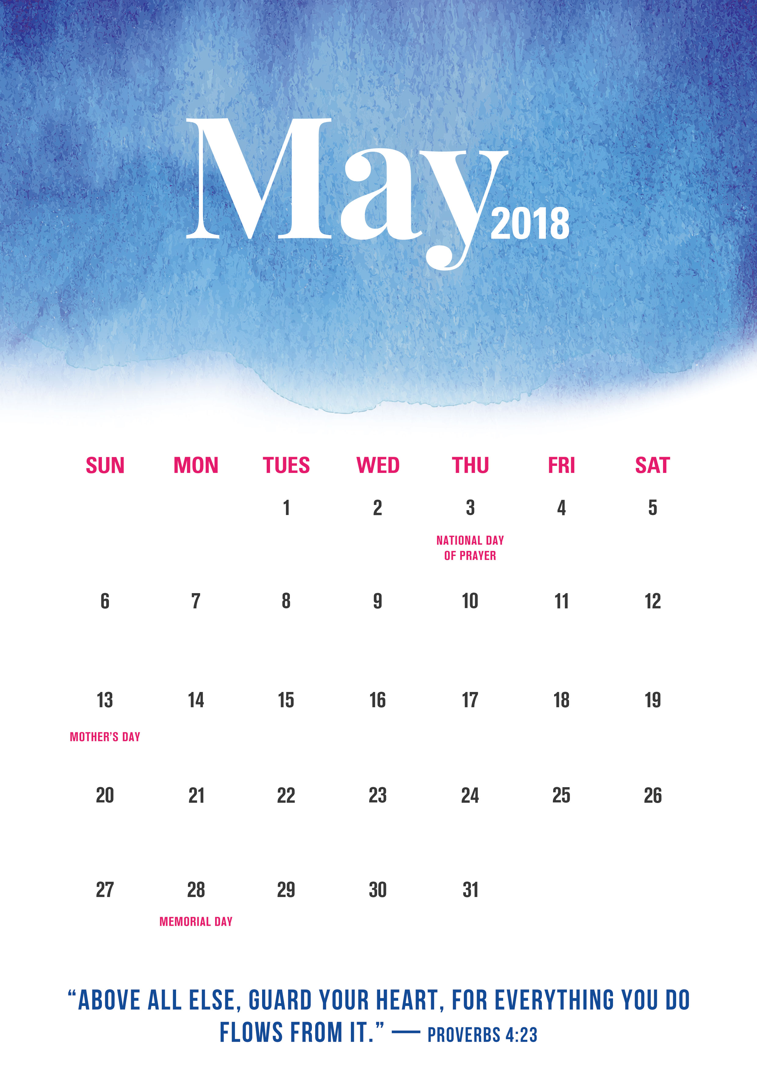 2018 May Monthly Calendar