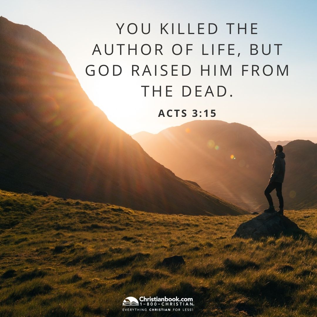 Acts 3:15 Bible Verse on picture of man stood in field among mountains at sunrise